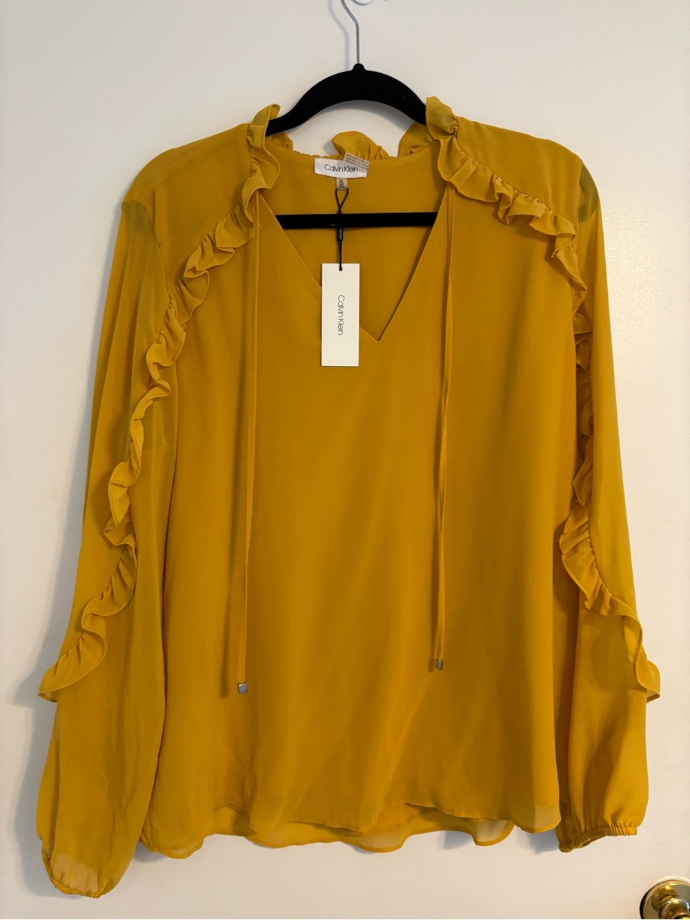 Calvin Klein Ruffle-Trim Mustard V-Neck Blouse